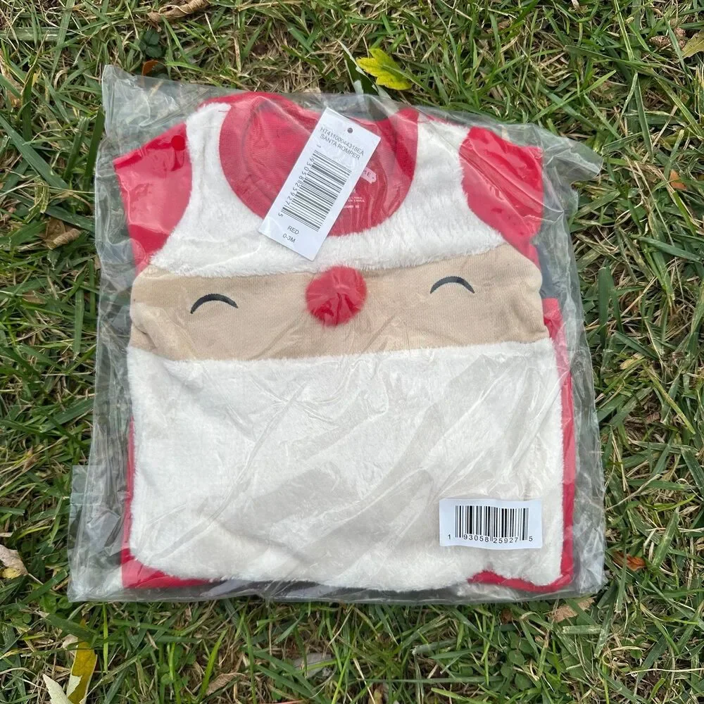 Holiday Santa Baby Romper Onesie with Matching Hat 0-3 Months